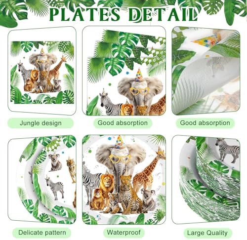 Funnymoom 400 Pcs Safari Happy Birthday Party Supplies for 50 Guests Jungle Animals Paper Plates and Napkins Knives Spoon Fork Cup Wild Animals Lion Tiger Dinner Sets for Zoo Birthday Party - Image 3