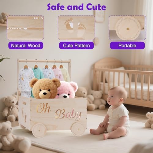 Baby Shower Gifts Baskets, Wooden Baby Closet Gifting for Newborn Boys and Girls, Wood Crate Box with Handle and Wheels, Personalized Cute Babyshower Decorations Basket for New Born - Image 4