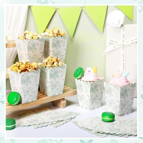 Gueevin 100 Pcs Green Floral Popcorn Boxes with Scalloped for Party 5.5 x 10.5 x 7.5 cm Mini Paper Popcorn Containers Bulk for Wedding Movie Night Decorations Bridal Baby Shower Party Supplies - Image 2