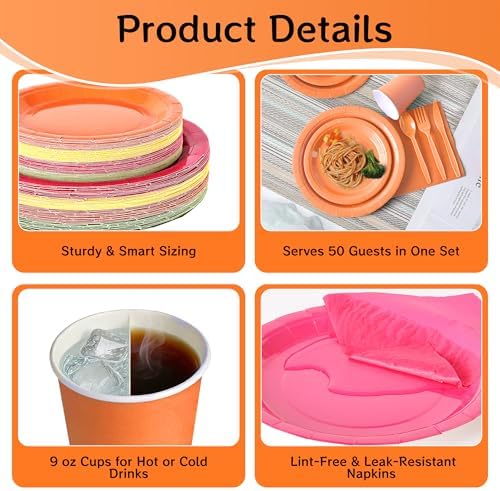350 Pcs Neon Disposable Plates and Napkins Tableware Set for 50 Guests - Image 3