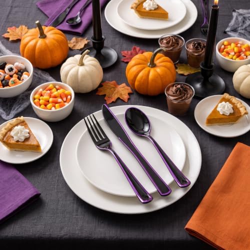 WDF 180 Pieces Black and Purple Halloween Plastic Silverware - Black Flatware Set Include 60 Forks, 60 Knives and 60 Spoons Heavy Duty Plastic Cutlery Purple Utensils for Halloween Party/Birthday - Image 3