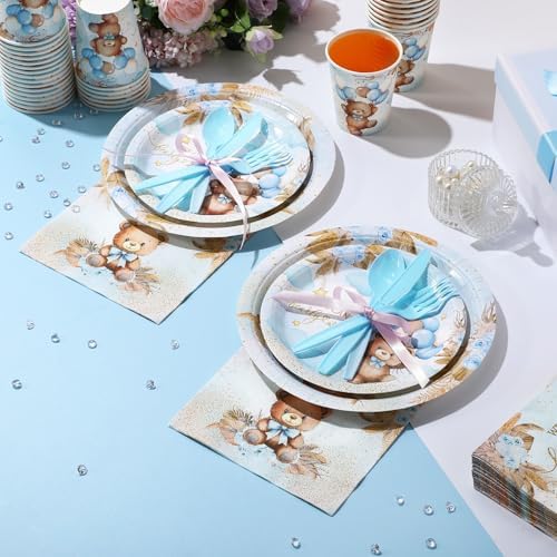 Ziliny 350 Pcs Bear Baby Shower Party Supplies We Can Bearly Wait Paper Plates Napkins Cups and Plastic Cutlery Party Tableware Set for Bear Baby Shower Birthday Decorations, Serves 50 - Image 4