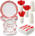 LemonRoad 175 Pcs Special Delivery Pizza Baby Shower Party Set Serves 25 Guests, 9'' Dinner Plates 7'' Dessert Plates 9oz Cups Red White Gender Neutral Disposable Tableware for New Baby Welcome Party by Unknown