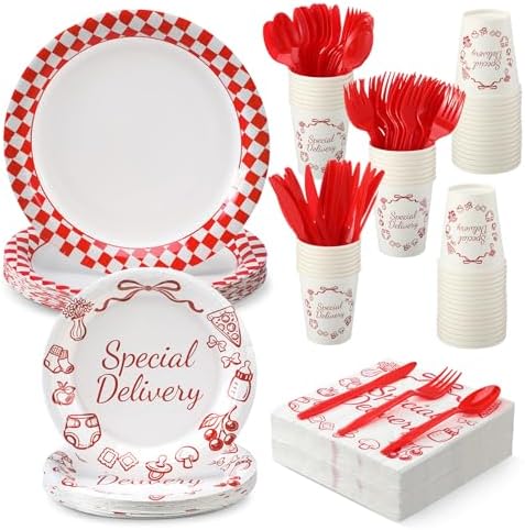 LemonRoad 175 Pcs Special Delivery Pizza Baby Shower Party Set Serves 25 Guests, 9'' Dinner Plates 7'' Dessert Plates 9oz Cups Red White Gender Neutral Disposable Tableware for New Baby Welcome Party by Unknown