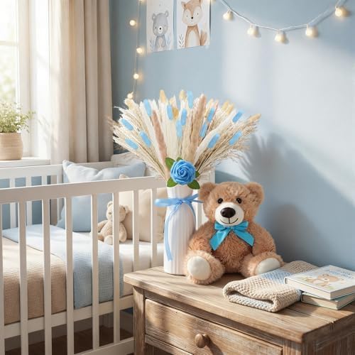 4 Sets 125 Pcs Bear Baby Shower Table Centerpiece with Bear Stuffed Animals Blue Dried Pampas Grass Artificial Flower Plastic Vase for Boho Wedding Bridal Reveal Birthday Baby Shower Decor - Image 3