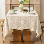 Boho Crochet Cotton Lace Tablecloth Rectangle 60 x 84 Inch Beige - Image 7