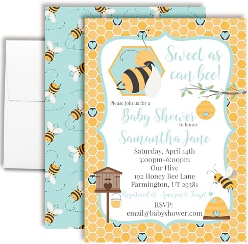 Custom Baby Shower Invites Bumble Bee Invitation for Boys, 20 Pack of 5x7 Personalized Honeycomb Invites with Envelopes - Unique Bumble Bee Baby Shower Cards by AmandaCreation by AmandaCreation