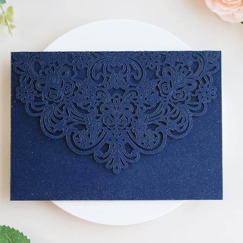Hosmsua 50PCS Navy Blue Laser Cut Wedding Invitation Pocket, 5.12 x 7.2 Flora Invitation Pockets with Envelopes for Wedding Bridal Shower Sweet 16 Invite (No Inner Sheet) by Hosmsua