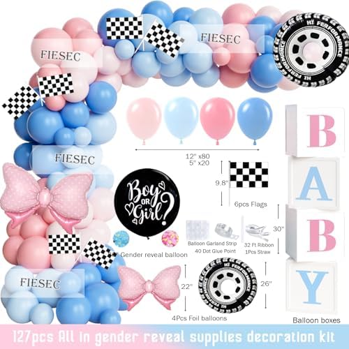 Burnouts or Bows Gender Reveal Decorations, 151 Pcs Boy or Girl Gender Reveal Party Supplies with What Will Baby Be Backdrop, Pink Blue Balloon Garland, Boxes - Image 3
