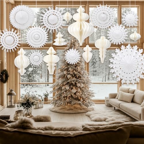 Cinnvoice 28 Pcs Snowflake Fans and Honeycomb Balls Winter Wonderland Decor - Image 5