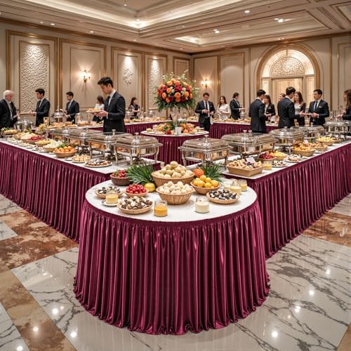 17ft Length Satin Burgundy Table Skirt Rectangle Tables, Wrinkle Free Pleated Ruffle Table Cloth Glitter Desk Skirting for Weddings Birthday Party Satge Banquet Dining Table Decorations - Image 2