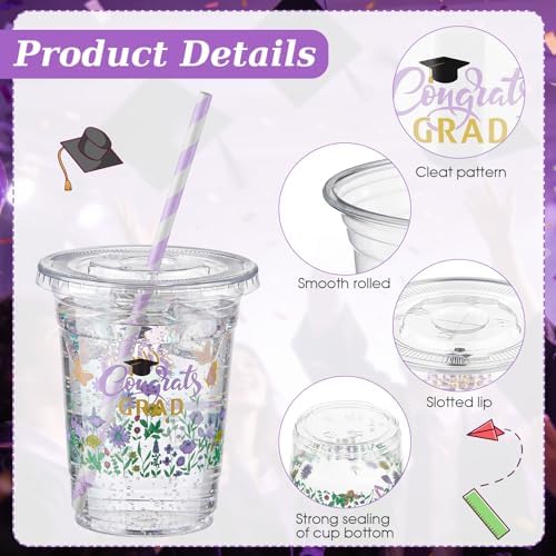 Sliner 50 Sets 16 oz Purple Graduation Plastic Cups for Hot Cold Drinks - Image 3