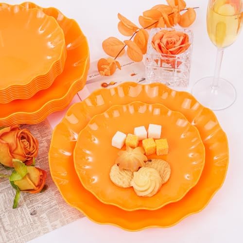 LIYH 24 Orange Plastic Plates Reusable for Thanksgiving Halloween 12 Guests - Image 2