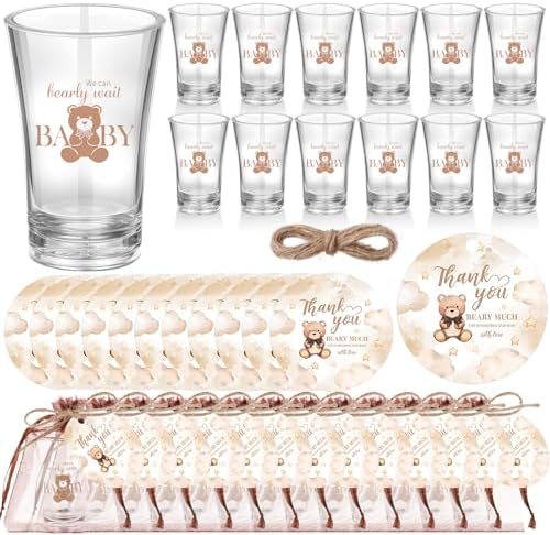 Funnymoom 50 Sets Teddy Bear Baby Shower Favors We Can Bearly Wait for Guests Souvenir Brown Bear Acrylic Clear Shot Glasses Thank You Tags with Twine Organza Bags for Birthday Supplies, Gender Reveal by Funnymoom