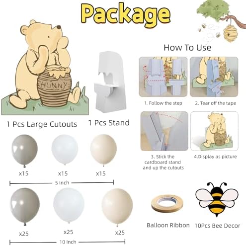 131PCS Vintage Bear Baby Shower Decorations Large Coroplast Cutout with Stand, Gender Neutral Balloons Arch& Bee Stickers for Birthday, Photo Props & Pooh Party Supplies - Image 3