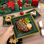 Liacere 100PCS Green and Gold Square Plastic Plates-50PCS Heavy Duty 9.5inch Disposable Dinner Plates and 50PCS 6inch Green Dessert Plate - Gold Plastic Plate for Party&Wedding - Image 4