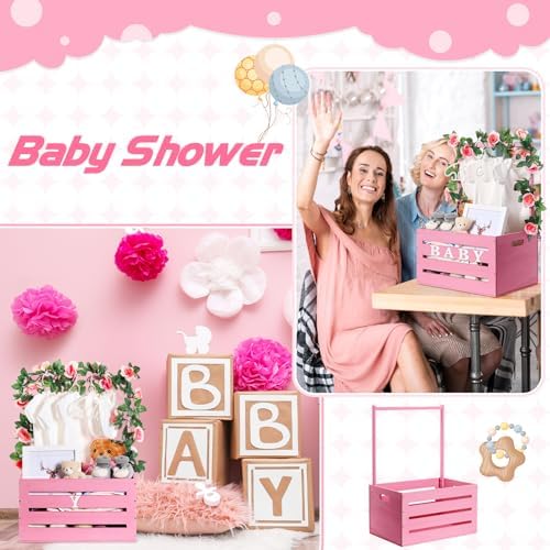 Barydat Wood Baby Shower Basket with Hanger Rack Crate Closet, Pink - Image 7
