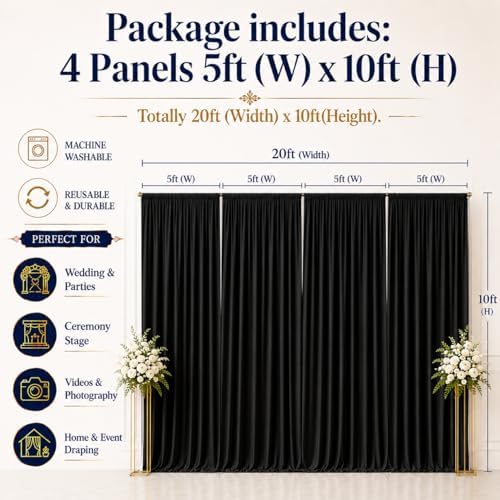 20ftx10ft Black Backdrop Curtain for Wedding Parties, Wrinkle Free Silky Polyester 4 Panels 5x10ft Draping Fabric Photo Back Drop Cloth for Birthday Photography Background Photoshoot - Image 6