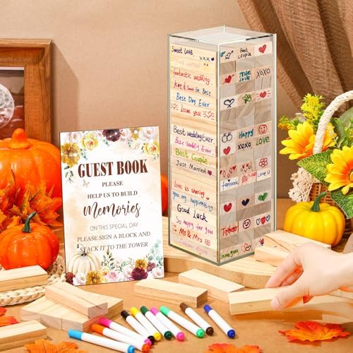 80 Wedding Guest Book Alternative tumbling tower Wooden Block, Pumpkin - Image 4