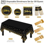 352 Pcs Black and Gold Party Dinnerware Set for 50 Guests Golden Dot Paper Plates Cups Napkins Plastic Tablecloths Forks Knives Spoons Black Gold Disposable Party Supplies for Birthday Decorations - Image 2