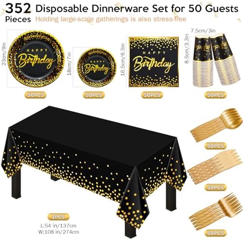 352 Pcs Black and Gold Party Dinnerware Set for 50 Guests Golden Dot Paper Plates Cups Napkins Plastic Tablecloths Forks Knives Spoons Black Gold Disposable Party Supplies for Birthday Decorations - Image 2
