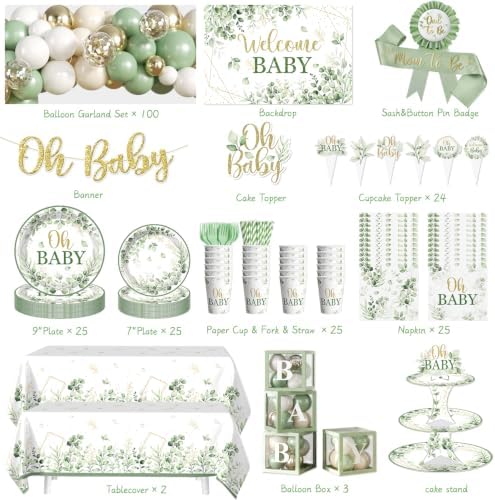 Sage Green Baby Shower Decorations Set,Serves 25 Guests - Image 2