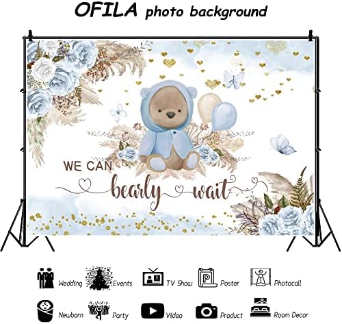 We Can Bearly Wait Backdrop for Boy's Boho Baby Shower Party Decorations 10x8ft Blue Floral Bohemian Pampas Grass Lovely Bear Baby Shower Decorations Banner Photography Background - Image 5