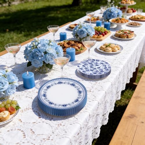 LIYH 60Pcs Blue White Floral Plastic Plates Dinnerware Set for Wedding - Image 6