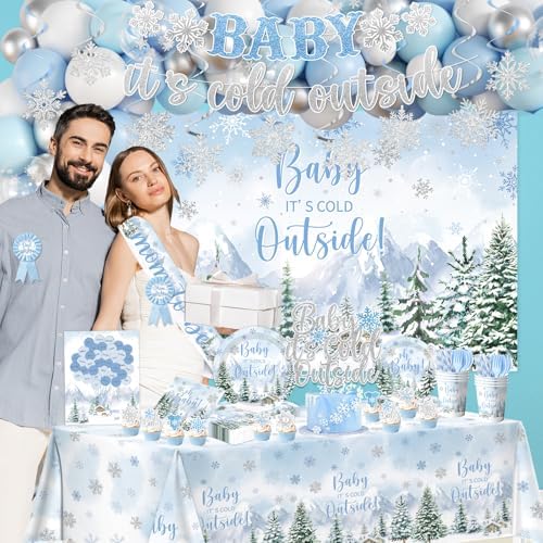 Winter Baby Shower Decorations, Blue Baby It's Cold Outside Decor with Plates Napkins Tablecloth Balloon Cake Topper, Winter Wonderland Baby Shower Party Supplies for Boy - Image 3