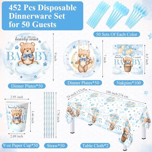 Funnymoom 452 Pcs Blue Bear Baby Boy Shower Party Supplies for 50 Guests - Image 2