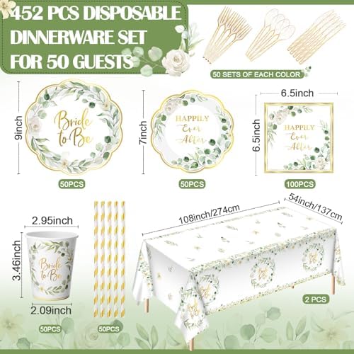Funnymoom 452 Pcs Sage Green Bridal Shower Decorations for 50, Bride to Be Bridal Shower Paper Plates Napkins Cups Tablecloth Cutlery Straws for Eucalyptus Leaves Wedding Party Supplies - Image 2
