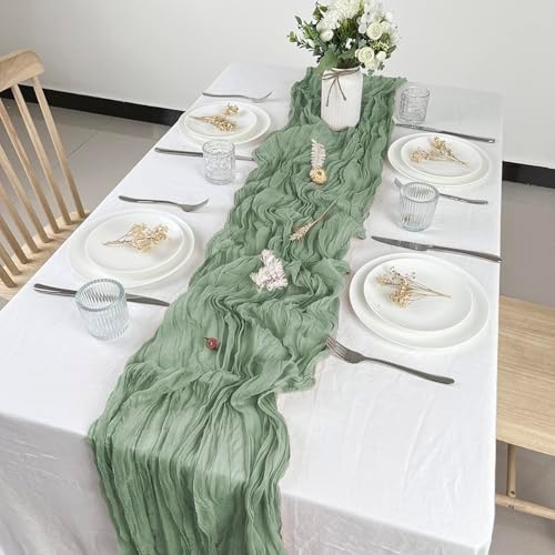 12 Pcs Sage Green Cheesecloth Table Runner 13ft Boho Gauze Cheesecloth Table Runner 160 inch Long for Christmas Wedding Bridal Baby Shower Birthday Table Decorations - Image 2