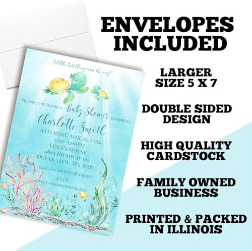 Amanda Creation Custom Baby Shower Invites Watercolor Turtle Baby Shower Invitations 30 Pack 5x7 Personalized Sea Turtle Watercolor Invites With Thirty Envelopes - Image 6