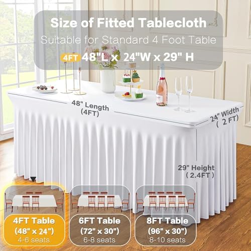 2 Pack White Spandex Tablecloths for 4 ft Rectangle Tables, Stretch Table Cloths 4 Foot Fitted Table Cover with Skirt for Parties Weddings Birthday Banquet Baby Shower - Image 5
