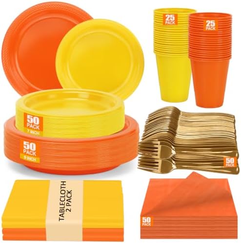 Yellow and Orange Plastic Party Plates Set for Fall Thanksgiving Serves 50 by UseOnceDoneRight
