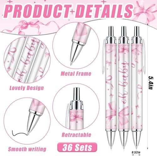 145 Pieces Pink Bow Baby Shower Favors for Guest Bow Coquette Ballpoint Pens and Keychains Gifts for Girls Bulk Retractable Baby Shower Pens Gender Reveal Thank You Cards Souvenirs Prizes - Image 2