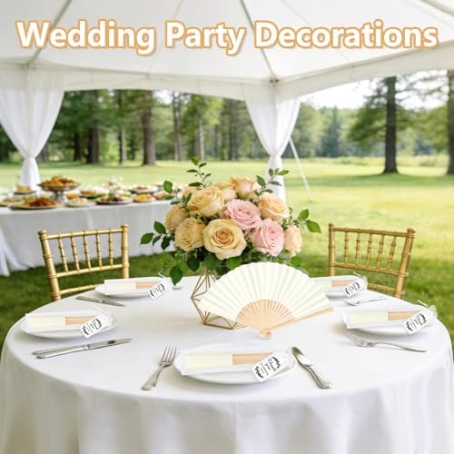 50Set Wedding Hand Fans Party Favors Cream Paper Folding Handheld Fans Bulk, DIY Bamboo Fans with Thank Tag Organza Bag for Summer Guests Bridal Dancing Props Church Decoation - Image 6