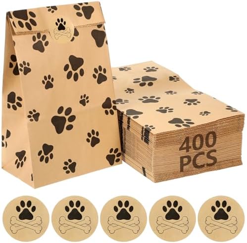 Meanplan 400 Pcs Paper Paw Bags with Footprint Paper Dog Treat Bags Bulk for Lunch Snacks Bread Candy Sandwich Popcorn Cookies Food Party Favors (Brown) by Meanplan