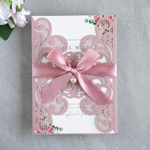 20Pcs Personalized Wedding Invitation, Customized Dusty Rose Laser Cut Invitation Cards With Envelopes Rhinestone Pearls and Ribbons For Wedding XV Anos Quinceanera Invitation - Image 2