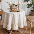 Retro Farmhouse Ruffle Tablecloth Flounces Trim Washable Table Cover Tablecloths for Round Table Picnic Kitchen Dining Room Home Party Wedding Decor Off-White 70" - Image 4