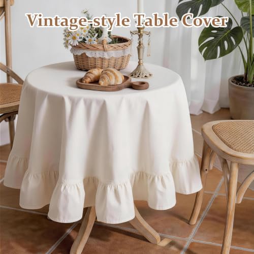 Retro Farmhouse Ruffle Tablecloth Flounces Trim Washable Table Cover Tablecloths for Round Table Picnic Kitchen Dining Room Home Party Wedding Decor Off-White 70" - Image 4