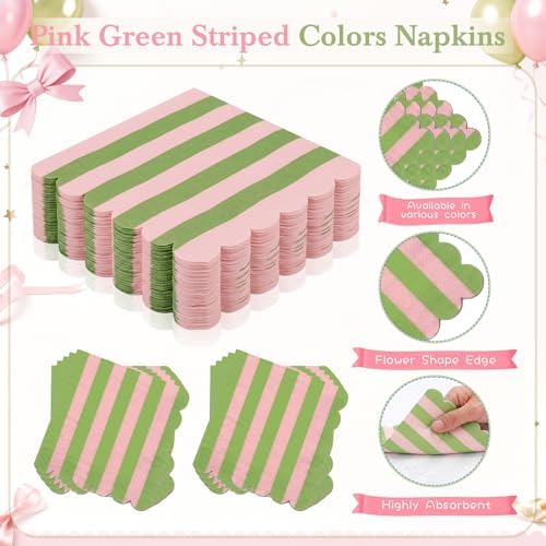 Mimorou 350 Pcs Pink and Green Striped Party Tableware for 50 - Image 5