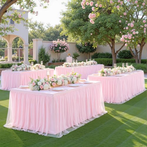 4 Pack Pink Tablecloths for 8 Foot Rectangle Tables Tulle Tablecloth Light Pink Table Cloth Rectangle 8ft Stretch Spandex Table Cover for Baby Shower Girls Birthday Party Banquet Desk Table Skirt - Image 6