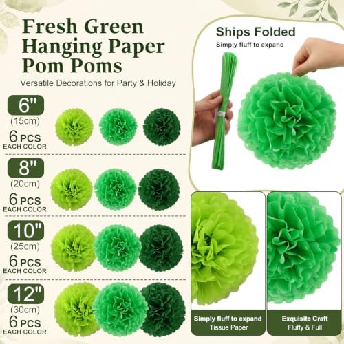 Janinka 72 Pcs Green Tissue Paper Pom Poms Multiple Green, 6-12 Inch - Image 3