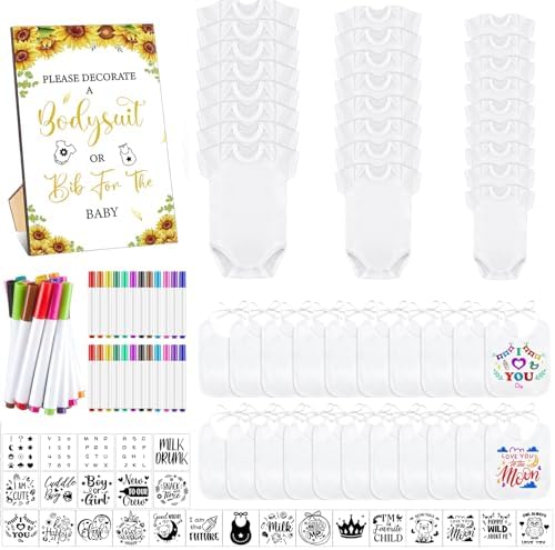 Panitay 100 Pcs White Baby Bodysuits Bibs Kit 25 Guests, Sunflower by Panitay