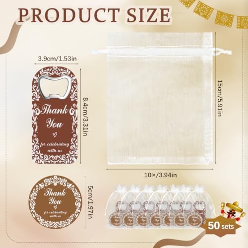 50 Set Wedding Favors for Guests Cielito Lindo Party Favors Brown Fridge Magnet Bottle Opener Thanks Cards with Organza Bags Wedding Thank You Gifts Bulk for Bridal Baby Shower Decorations - Image 2