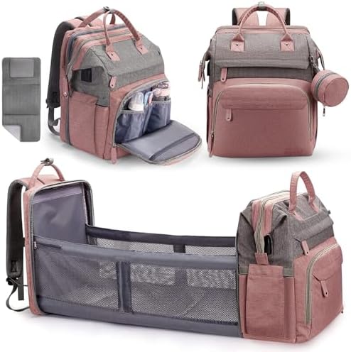 DERJUNSTAR Diaper Bag Backpack – Large Capacity Baby Diaper Bag with Changing Pad for Dad and Mom, Waterproof Travel Backpack, Multi-Function Bag with USB Charging Port, Rose Pink by Derjunstar