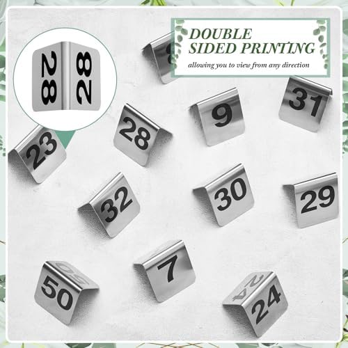 Blulu 50 Pack Stainless Steel Table Numbers 1-50, 3.0 x 2.4 Inch Double Sided Tent Style Number Signs Tabletop Display Cards for Wedding Reception, Restaurant, Party, Cafe and Event Seating - Image 6