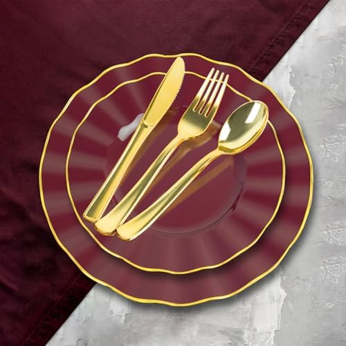 150Pcs Plastic Plates with Gold Rim, Heavy Duty Burgundy Plates for 30 Guests, Plastic Dinnerware Set Include 30 Dinner Plate, 30 Dessert Plate, 90 Gold Cutlery Set for Party (Burgundy) - Image 3