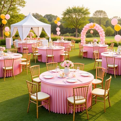 2 Pack Pink Round Tablecloth 60 inch, Spandex Fitted Wrinkle Free Table Cover with Skirt Washable Tablecloths for Wedding Photo Party Professional Events Birthday Decor - Image 4
